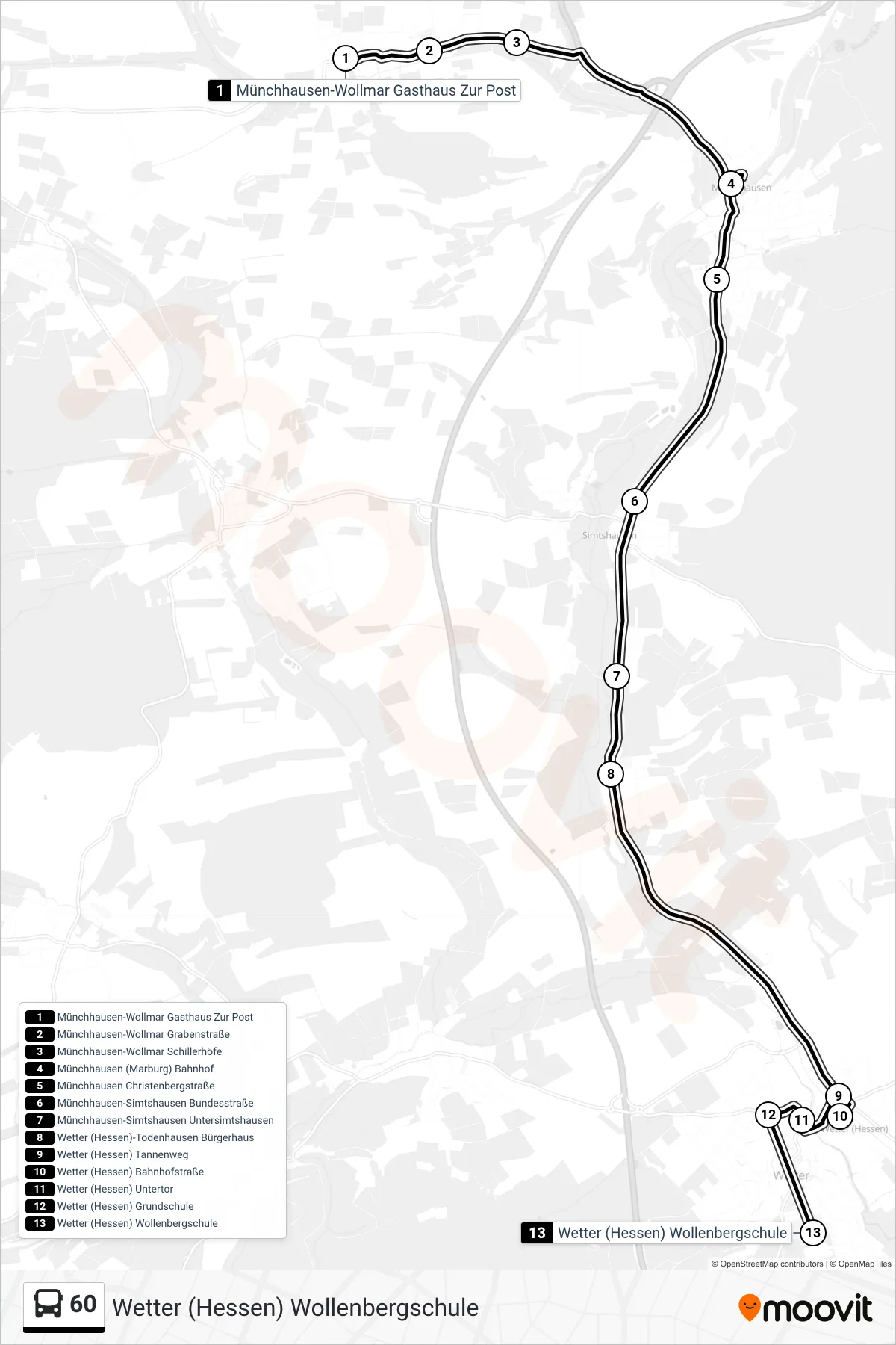 60 bus Line (Wetter (Hessen) Wollenbergschule) route and stops on a map