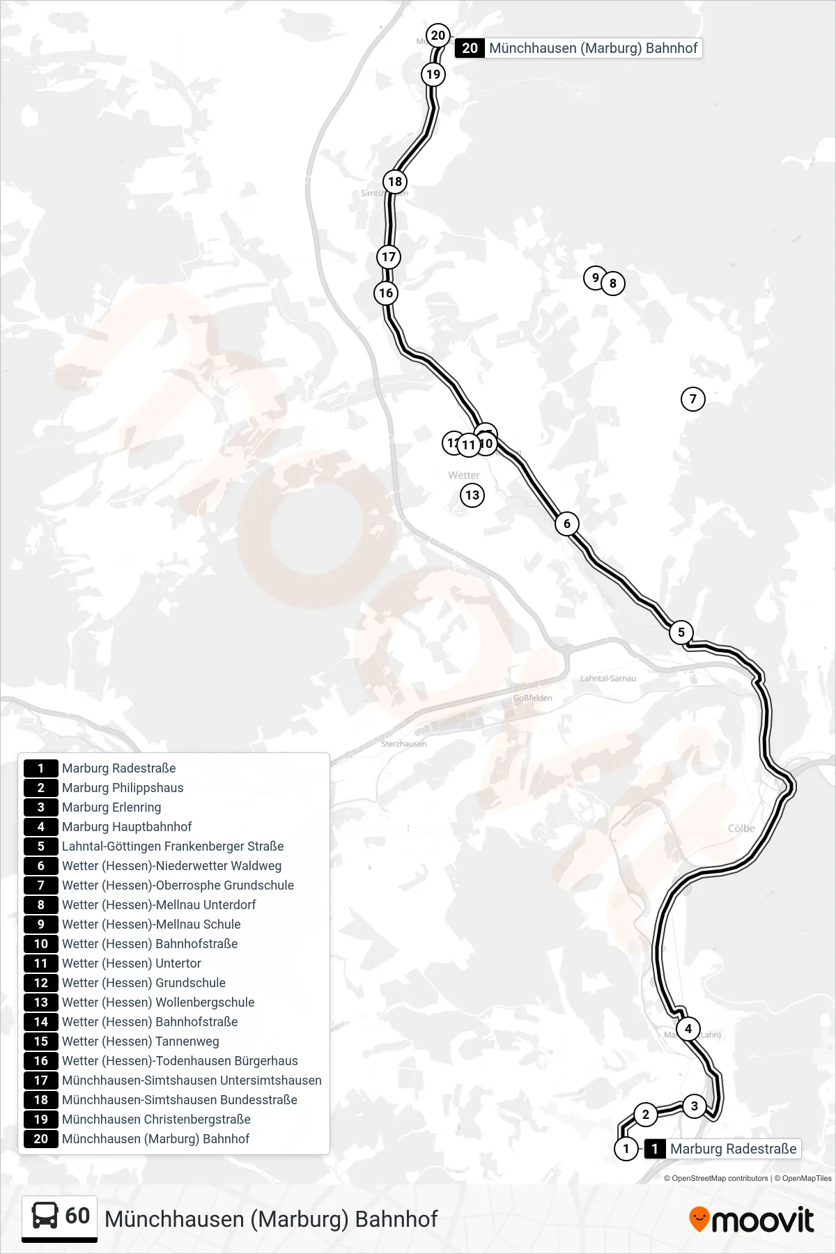 Linie 60 (Bus) Richtung Münchhausen (Marburg) Bahnhof: Route und Haltestellen auf der Karte