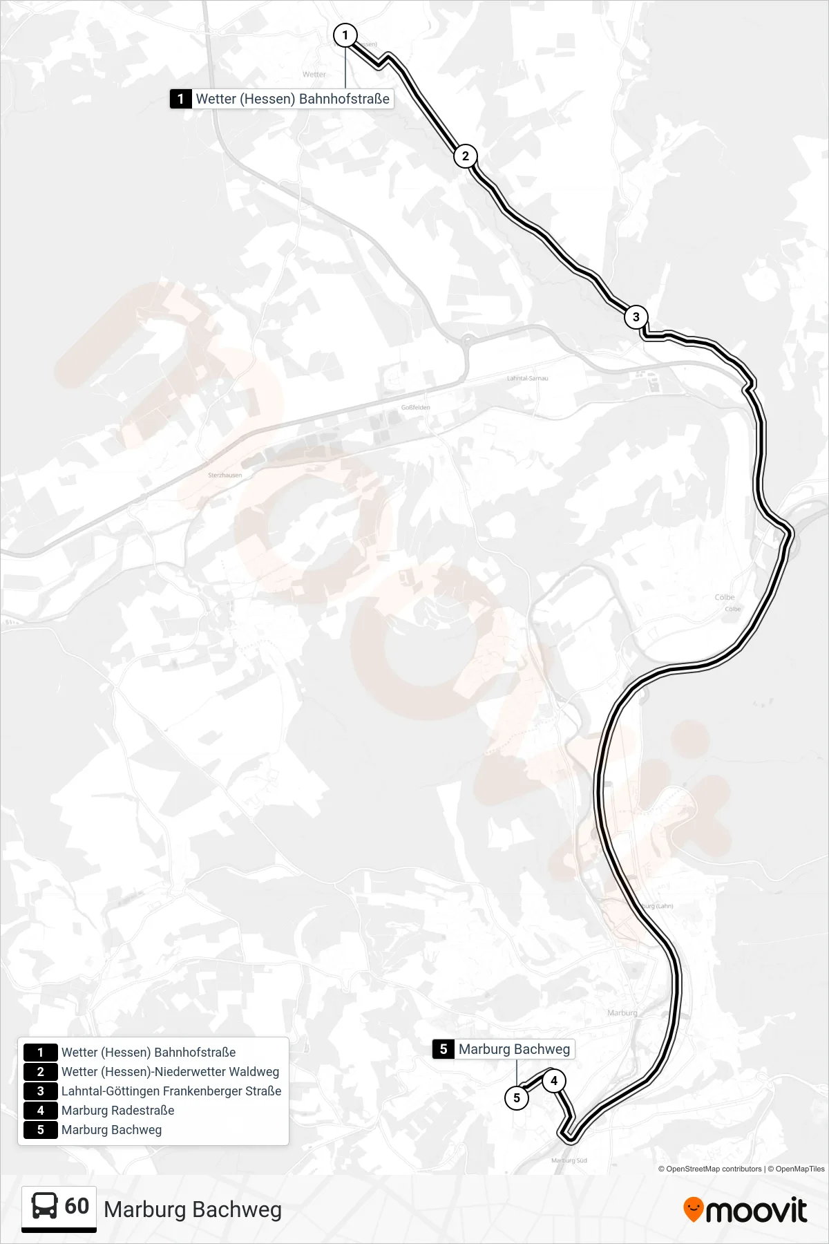 60 bus Line (Marburg Bachweg) route and stops on a map