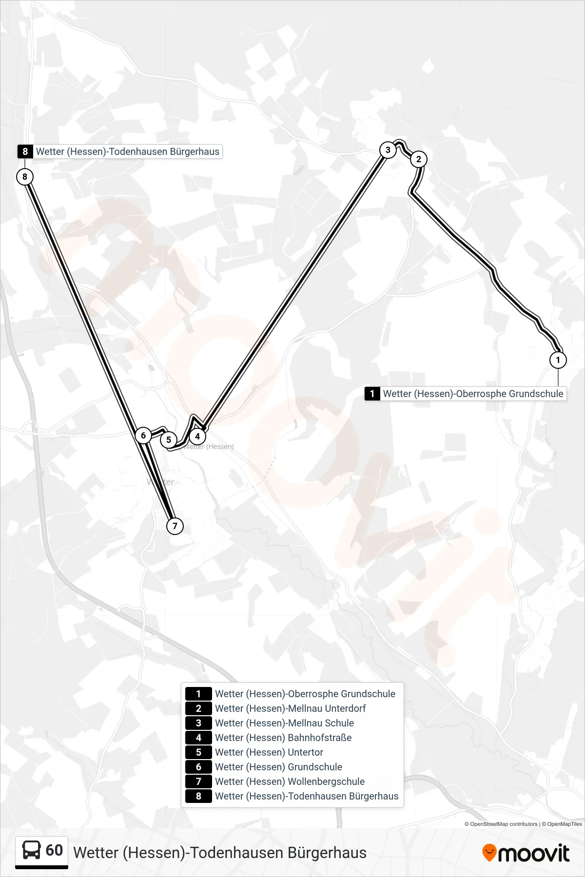 60 bus Line (Wetter (Hessen)-Todenhausen Bürgerhaus) route and stops on a map