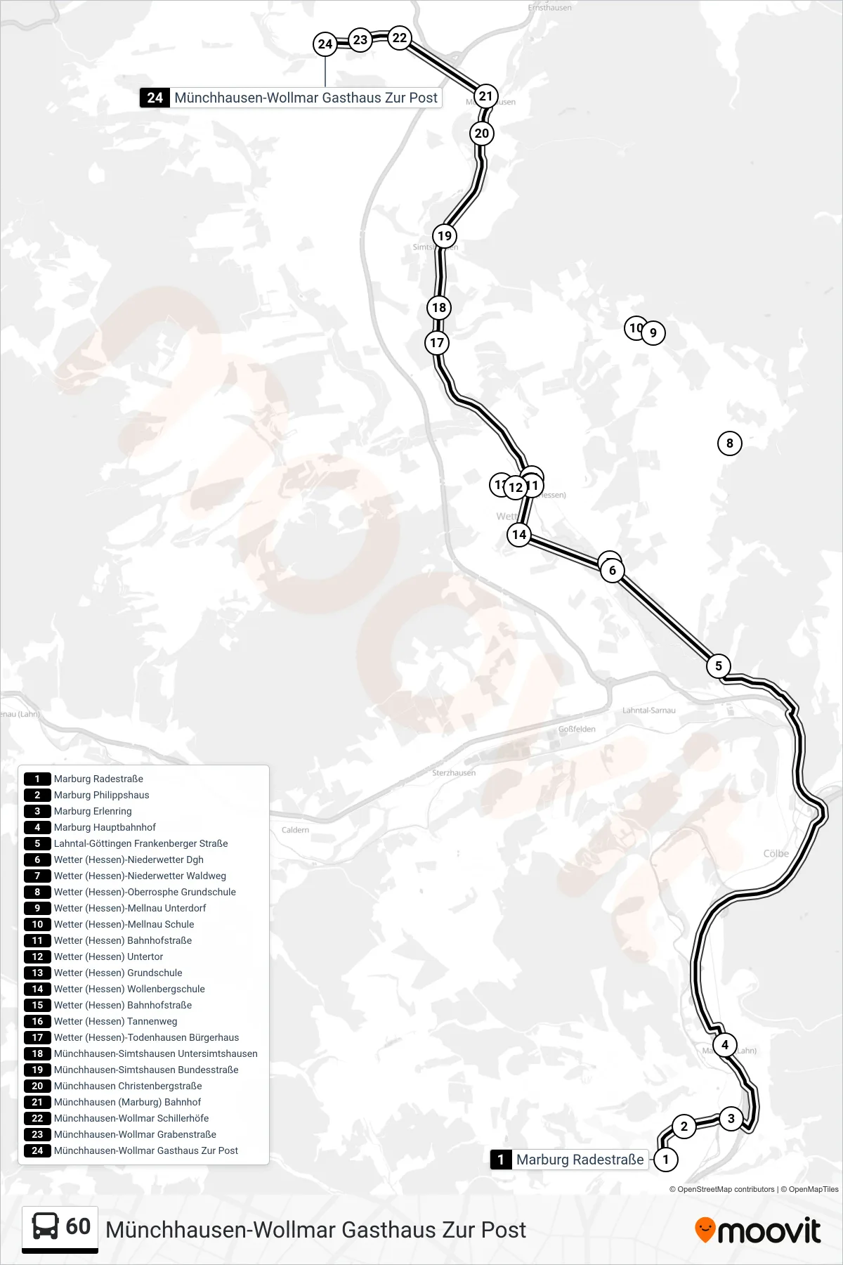 60 bus Line (Münchhausen-Wollmar Gasthaus Zur Post) route and stops on a map