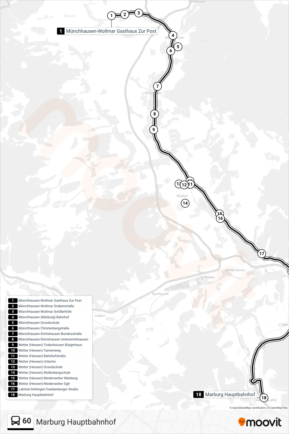 60 bus Line (Marburg Hauptbahnhof) route and stops on a map