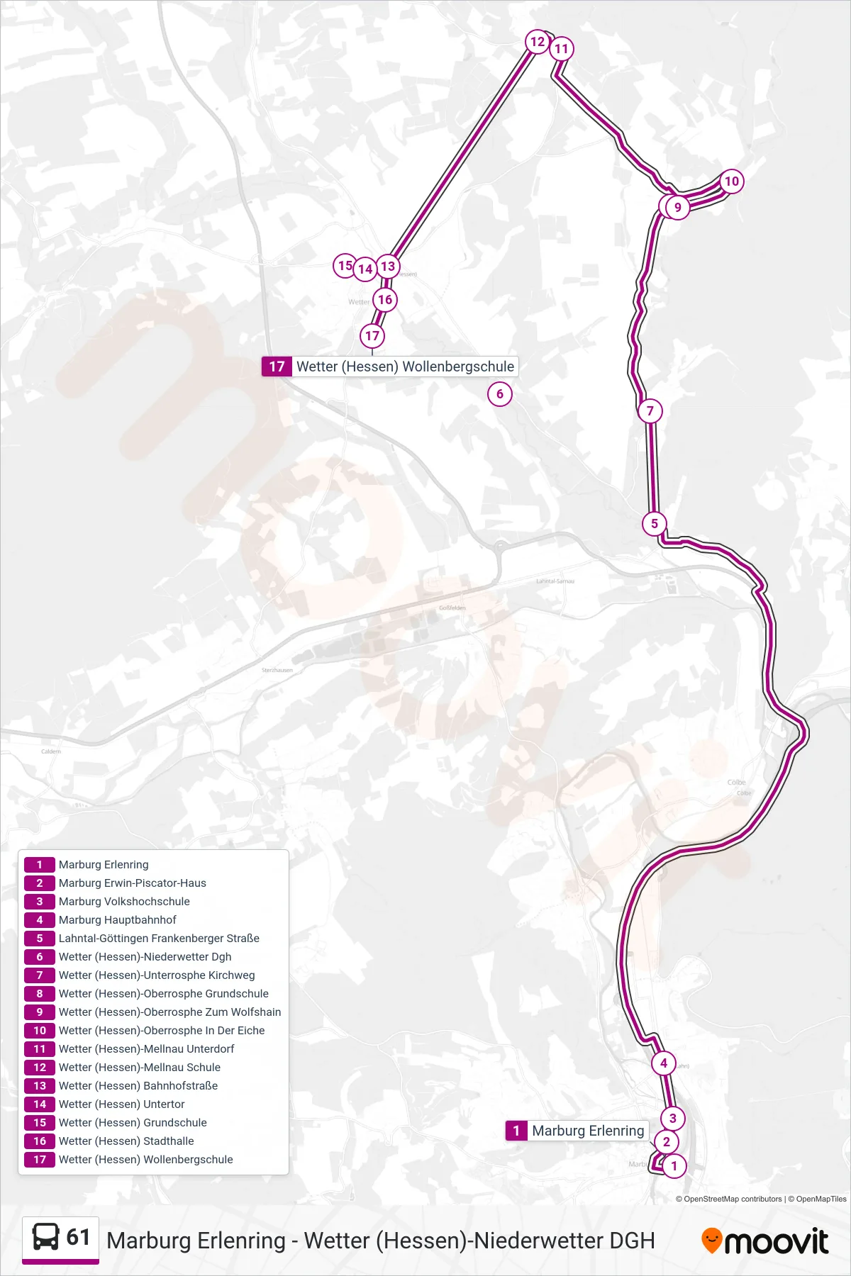 Linie 61 (Bus) Richtung Wetter (Hessen) Wollenbergschule: Route und Haltestellen auf der Karte