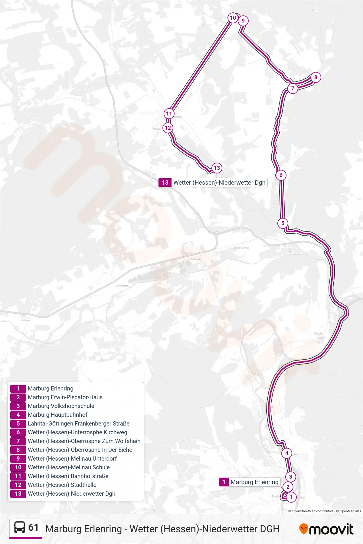61 bus Line (Wetter (Hessen)-Niederwetter Dgh) route and stops on a map