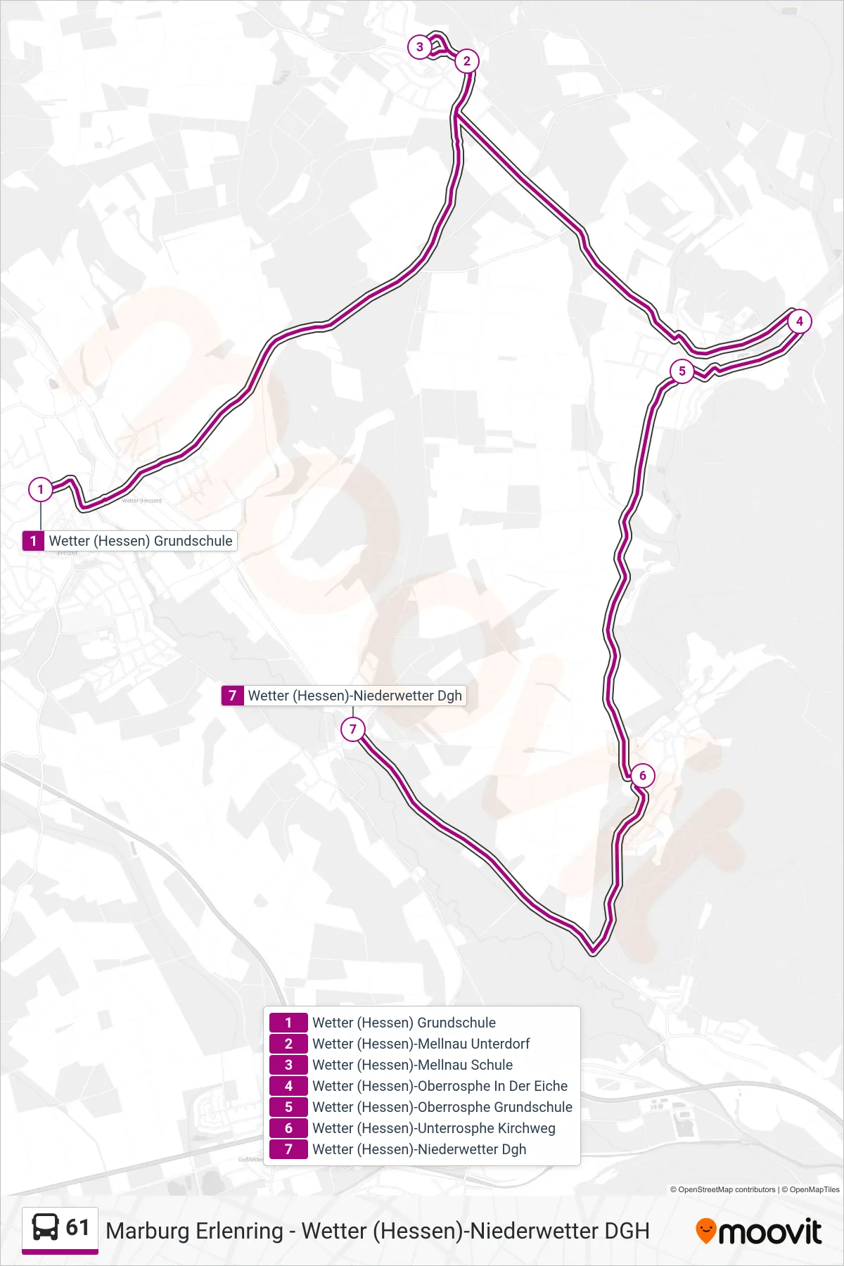 61 bus Line (Wetter (Hessen)-Niederwetter Dgh) route and stops on a map
