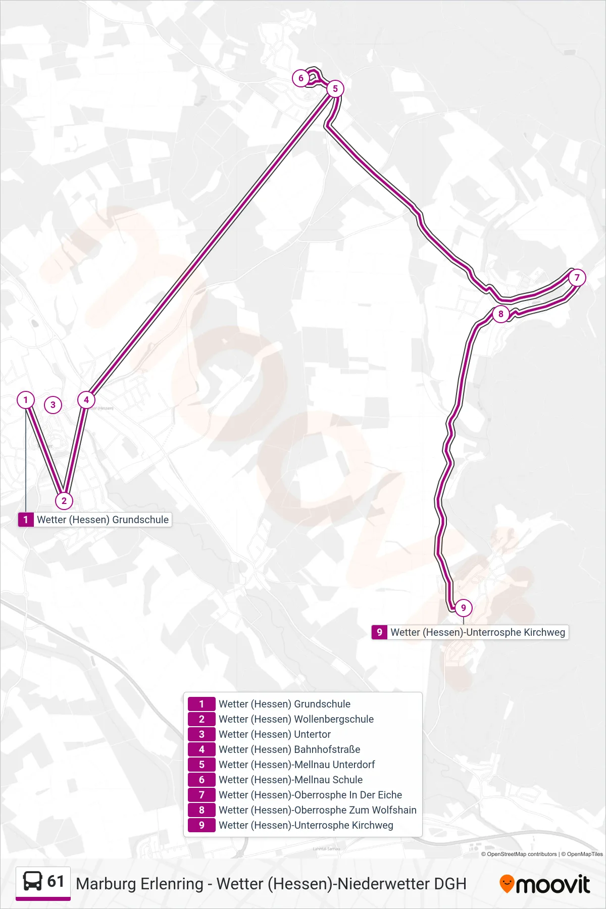 61 bus Line (Wetter (Hessen)-Unterrosphe Kirchweg) route and stops on a map