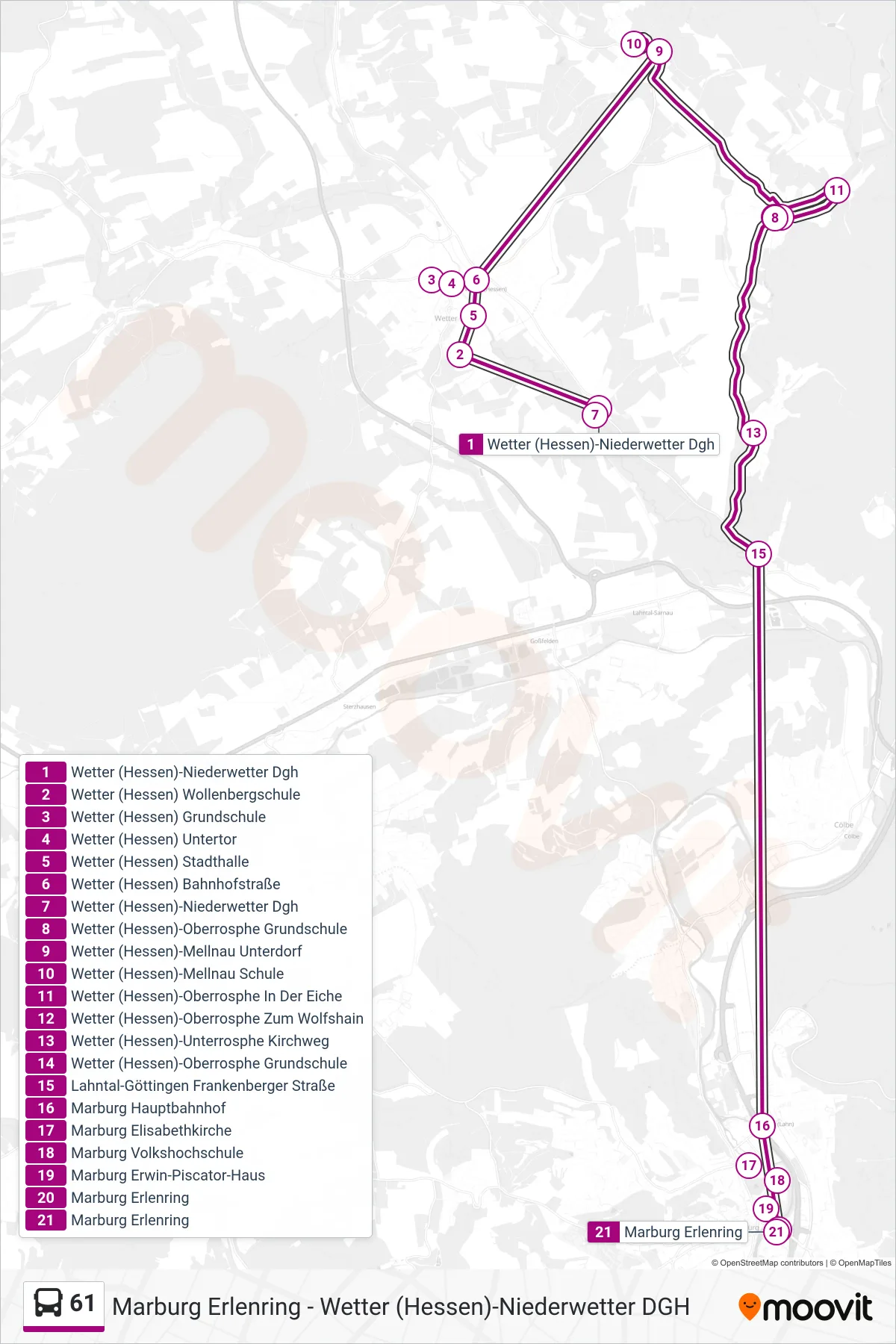 61 bus Line (Marburg Erlenring) route and stops on a map