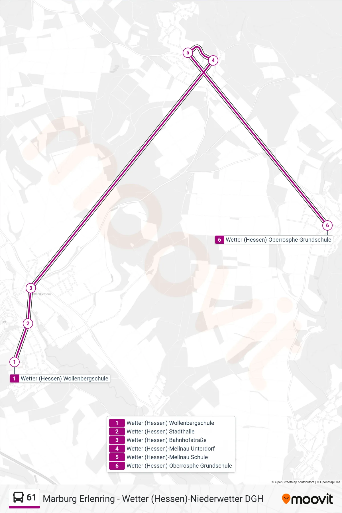 61 bus Line (Wetter (Hessen)-Oberrosphe Grundschule) route and stops on a map