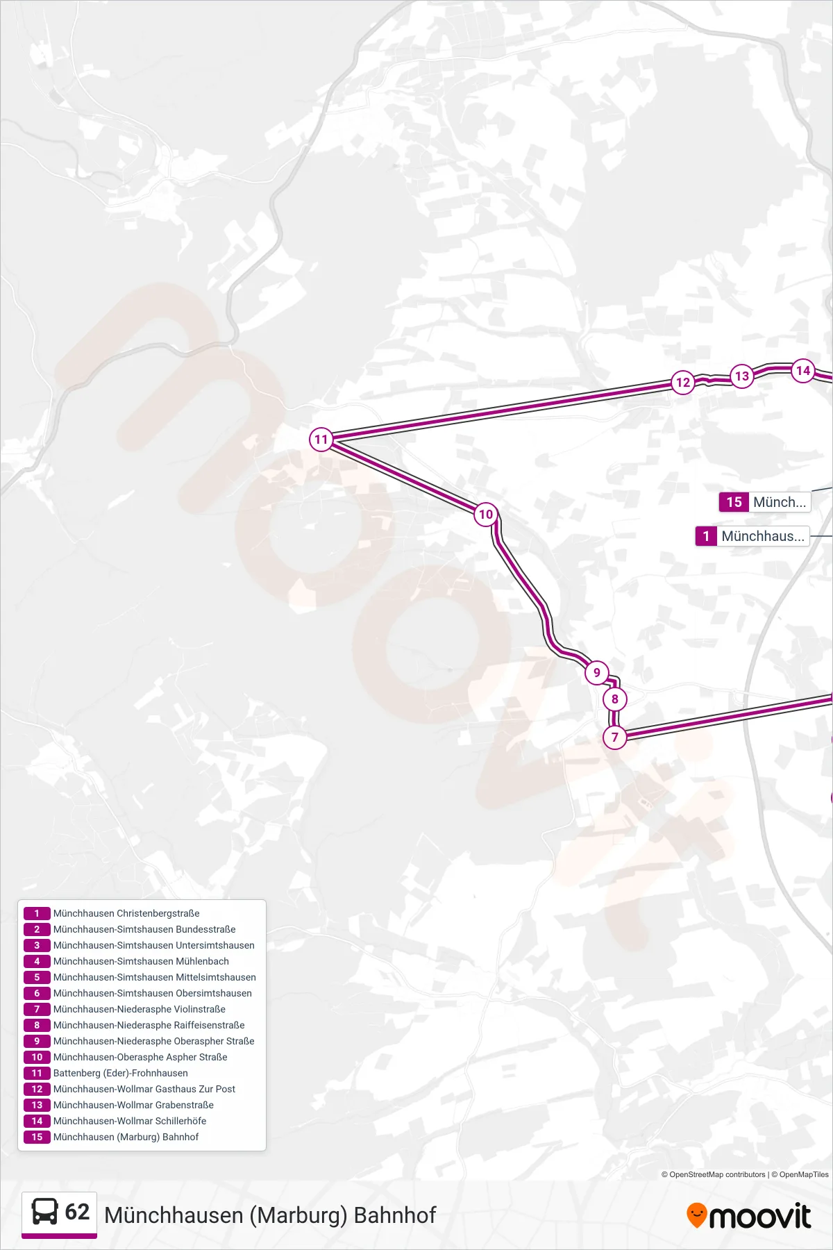 62 bus Line (Münchhausen (Marburg) Bahnhof) route and stops on a map