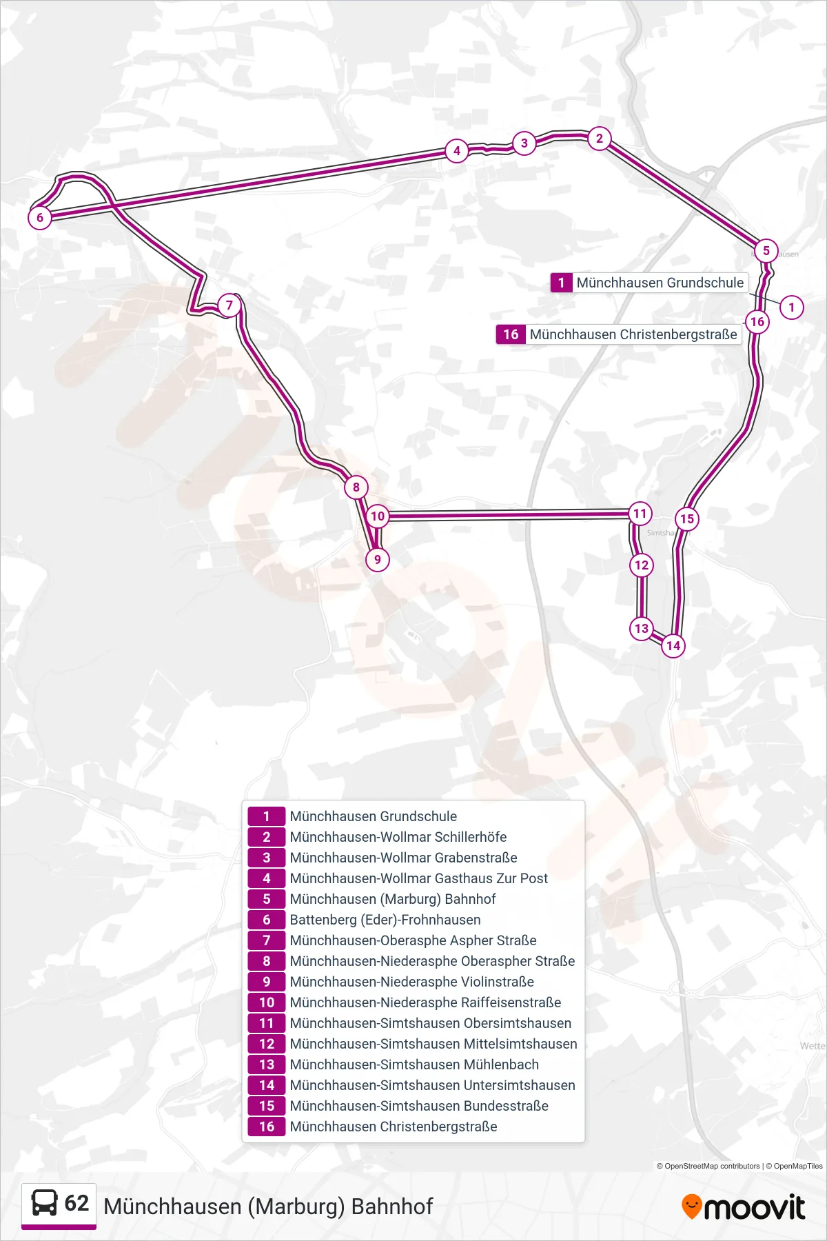 62 bus Line (Münchhausen (Marburg) Bahnhof) route and stops on a map