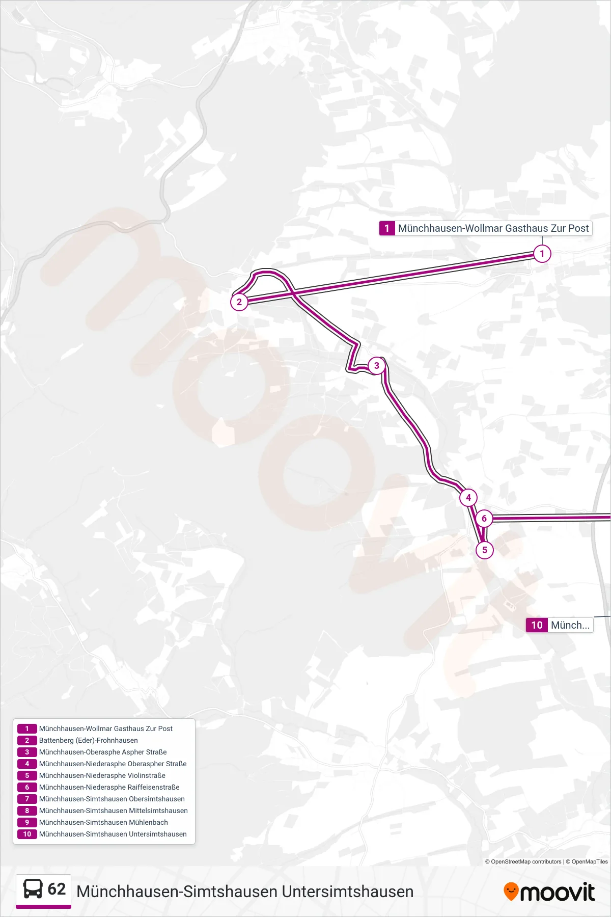 62 bus Line (Münchhausen-Simtshausen Untersimtshausen) route and stops on a map