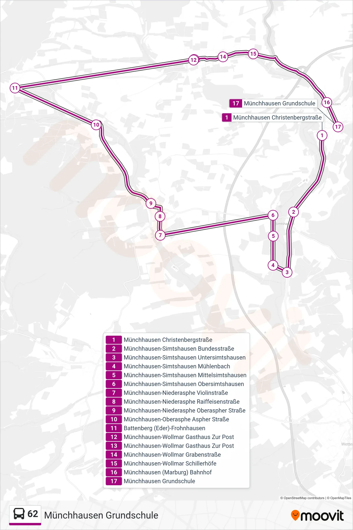 Linie 62 (Bus) Richtung Münchhausen Grundschule: Route und Haltestellen auf der Karte