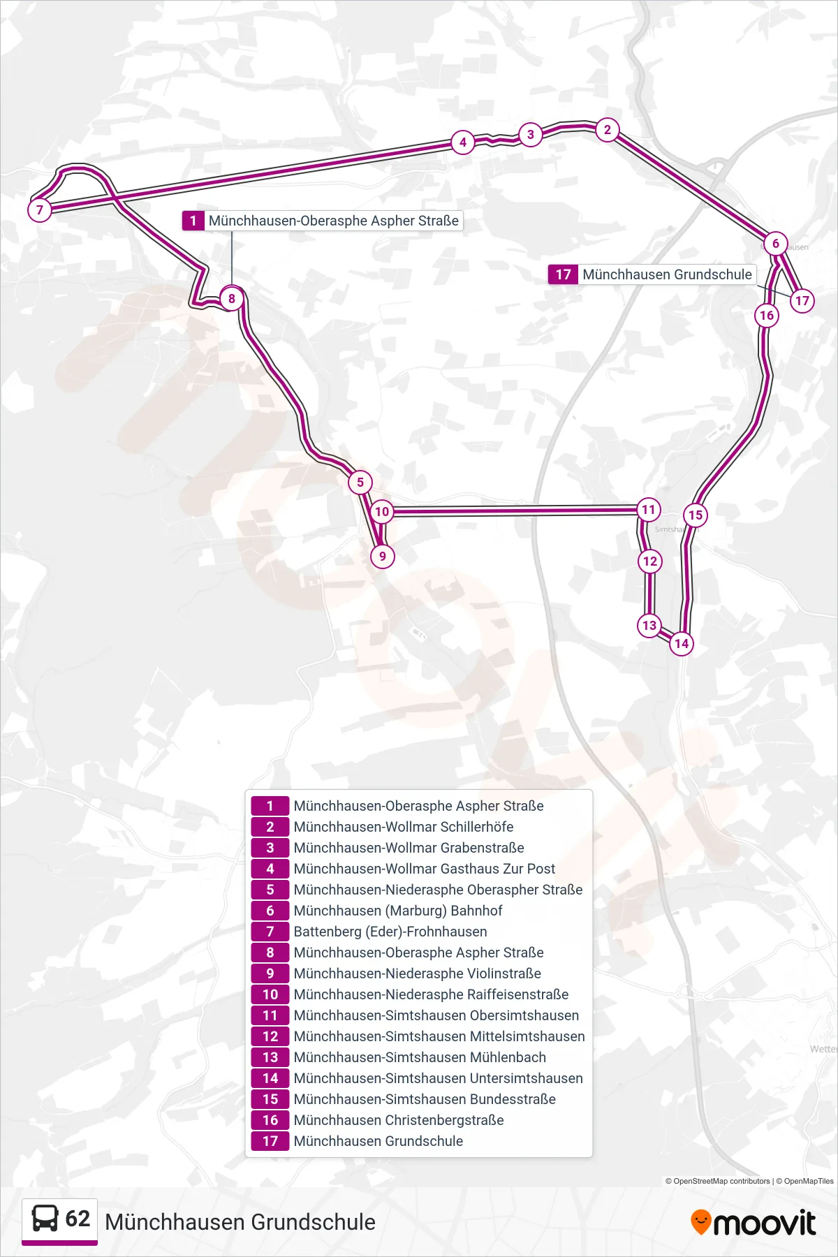 62 bus Line (Münchhausen Grundschule) route and stops on a map