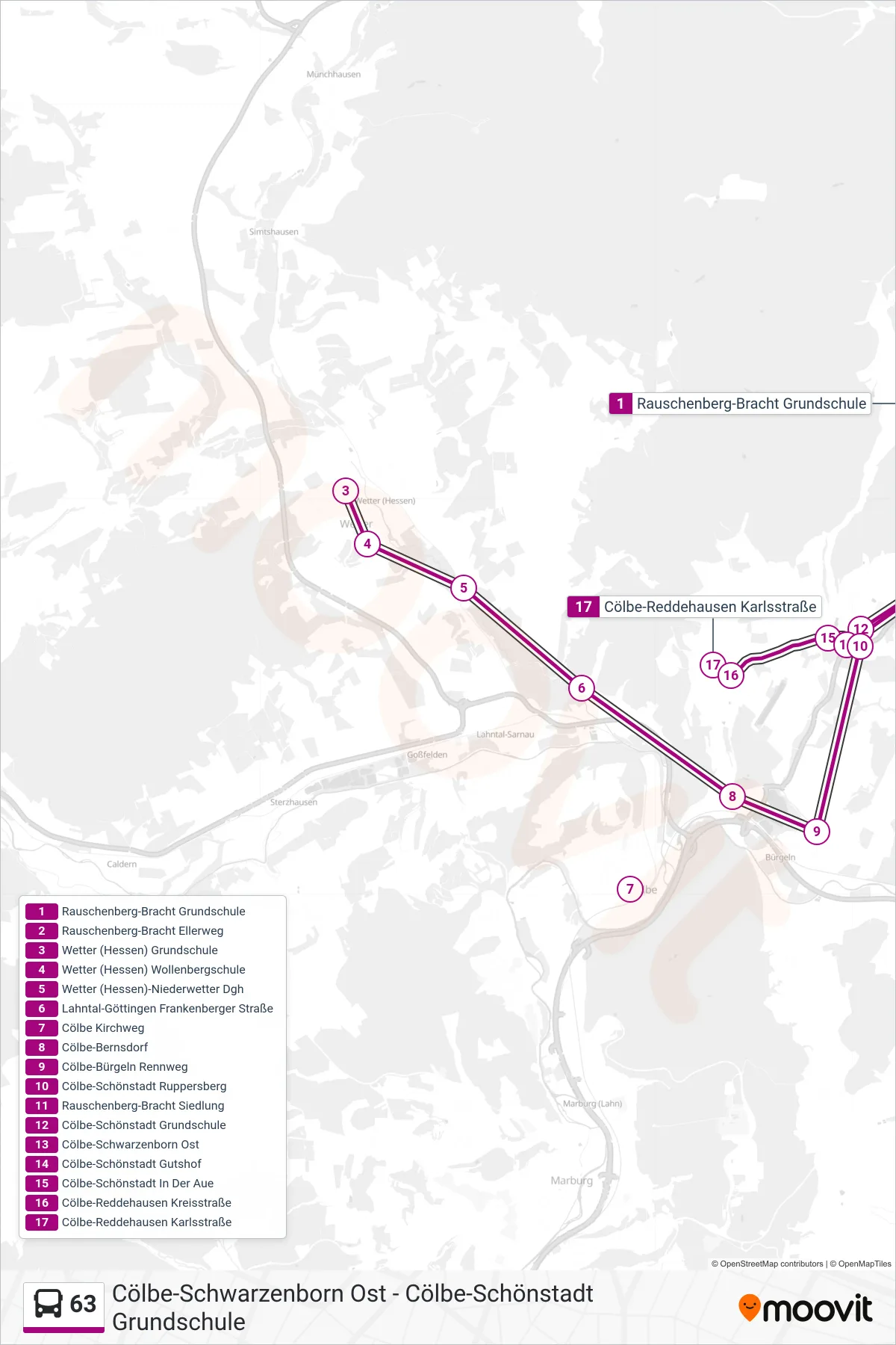 63 bus Line (Cölbe-Reddehausen Karlsstraße) route and stops on a map