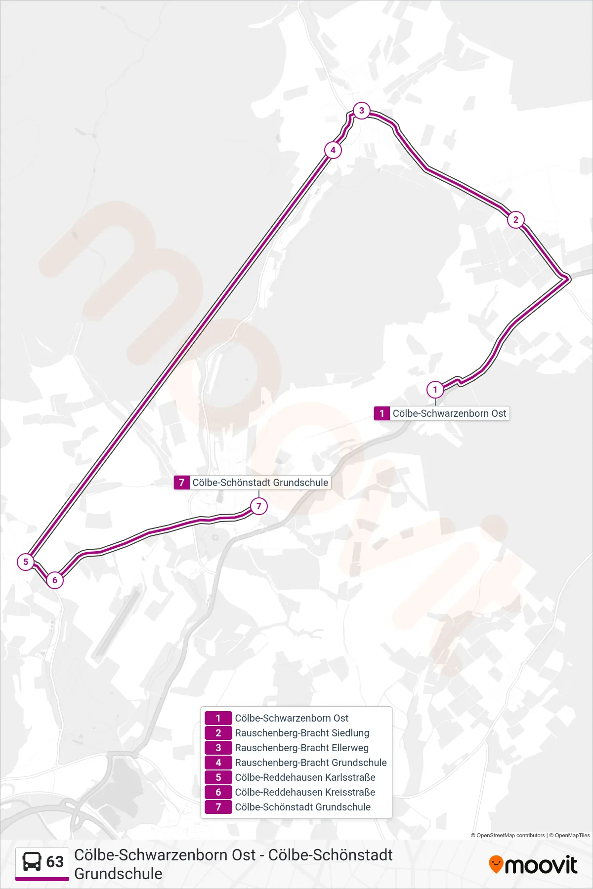 63 bus Line (Cölbe-Schönstadt Grundschule) route and stops on a map