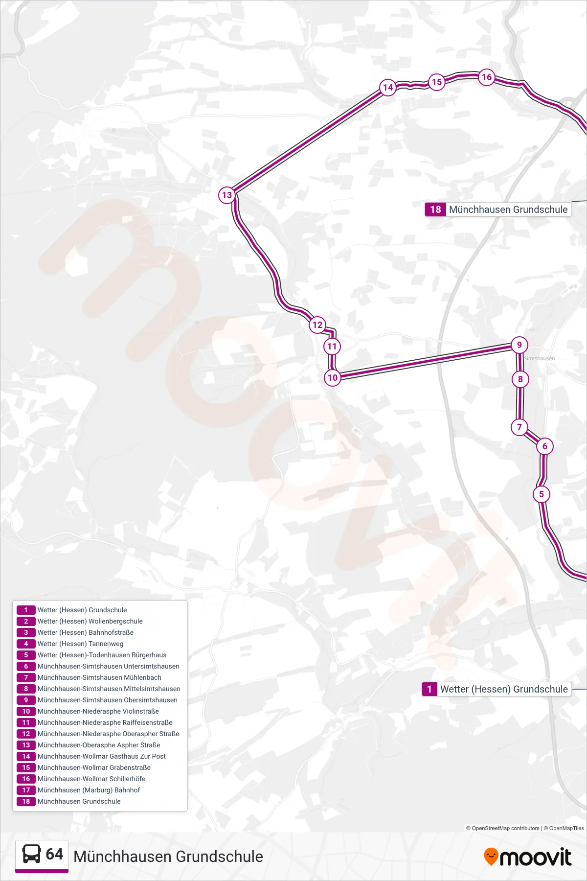 64 bus Line (Münchhausen Grundschule) route and stops on a map