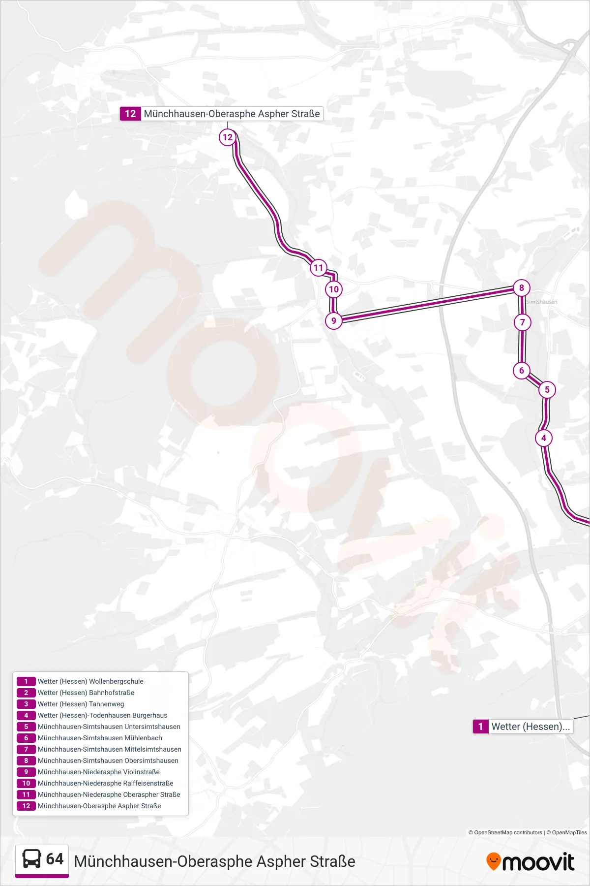 64 bus Line (Münchhausen-Oberasphe Aspher Straße) route and stops on a map