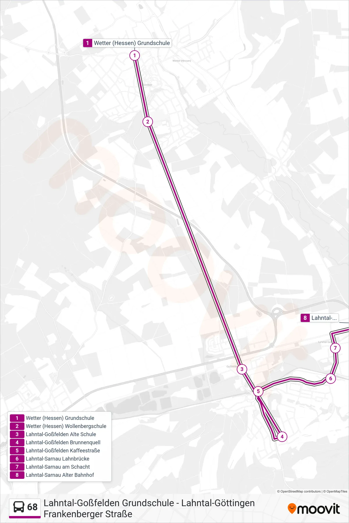 68 bus Line (Lahntal-Sarnau Alter Bahnhof) route and stops on a map