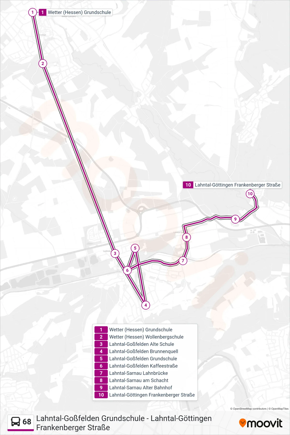 68 bus Line (Lahntal-Göttingen Frankenberger Straße) route and stops on a map