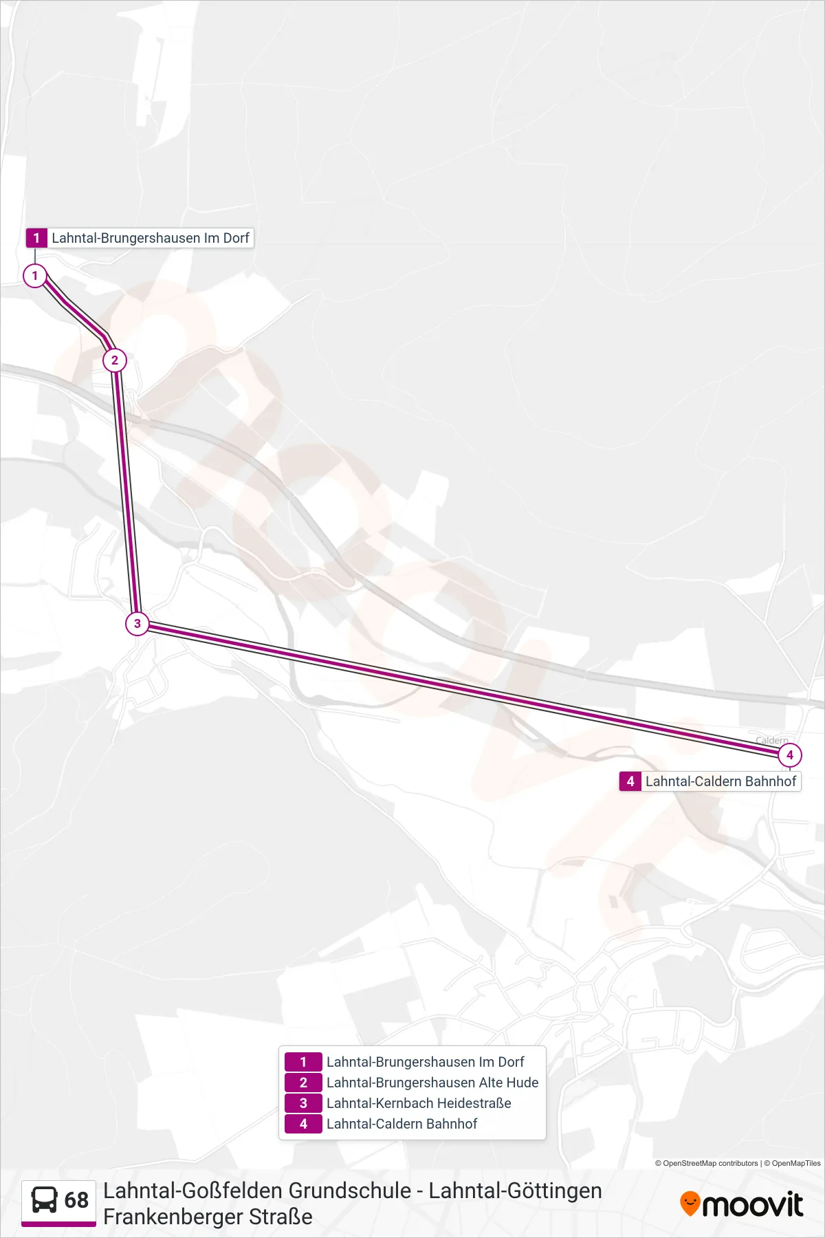 68 bus Line (Lahntal-Caldern Bahnhof) route and stops on a map