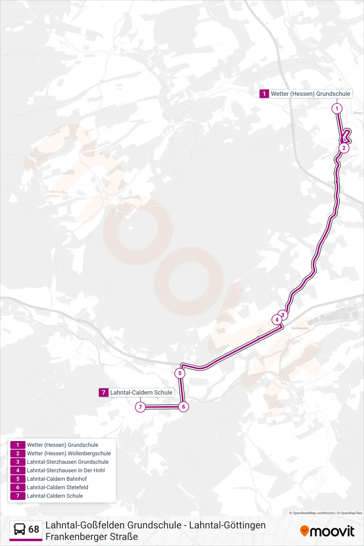 68 bus Line (Lahntal-Caldern Schule) route and stops on a map