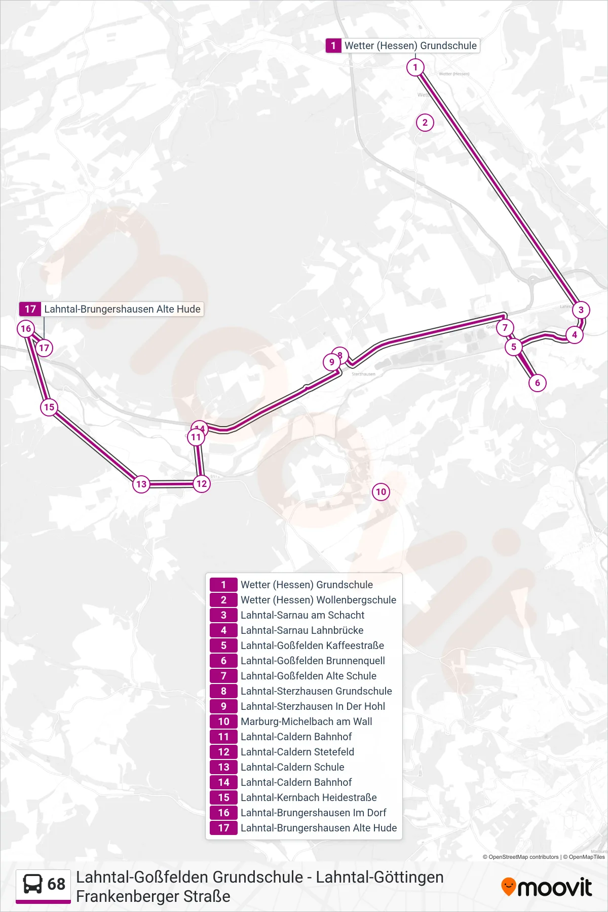 68 bus Line (Lahntal-Brungershausen Alte Hude) route and stops on a map