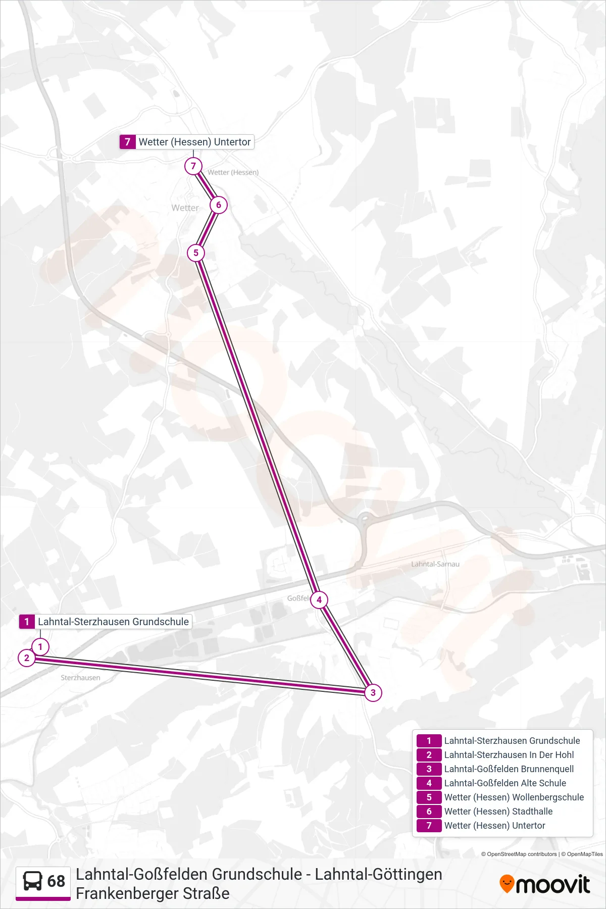 68 bus Line (Wetter (Hessen) Untertor) route and stops on a map