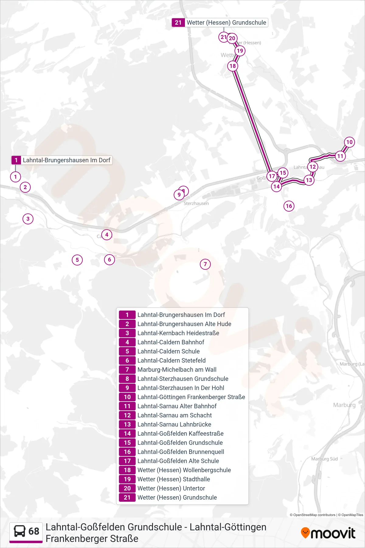 68 bus Line (Wetter (Hessen) Grundschule) route and stops on a map