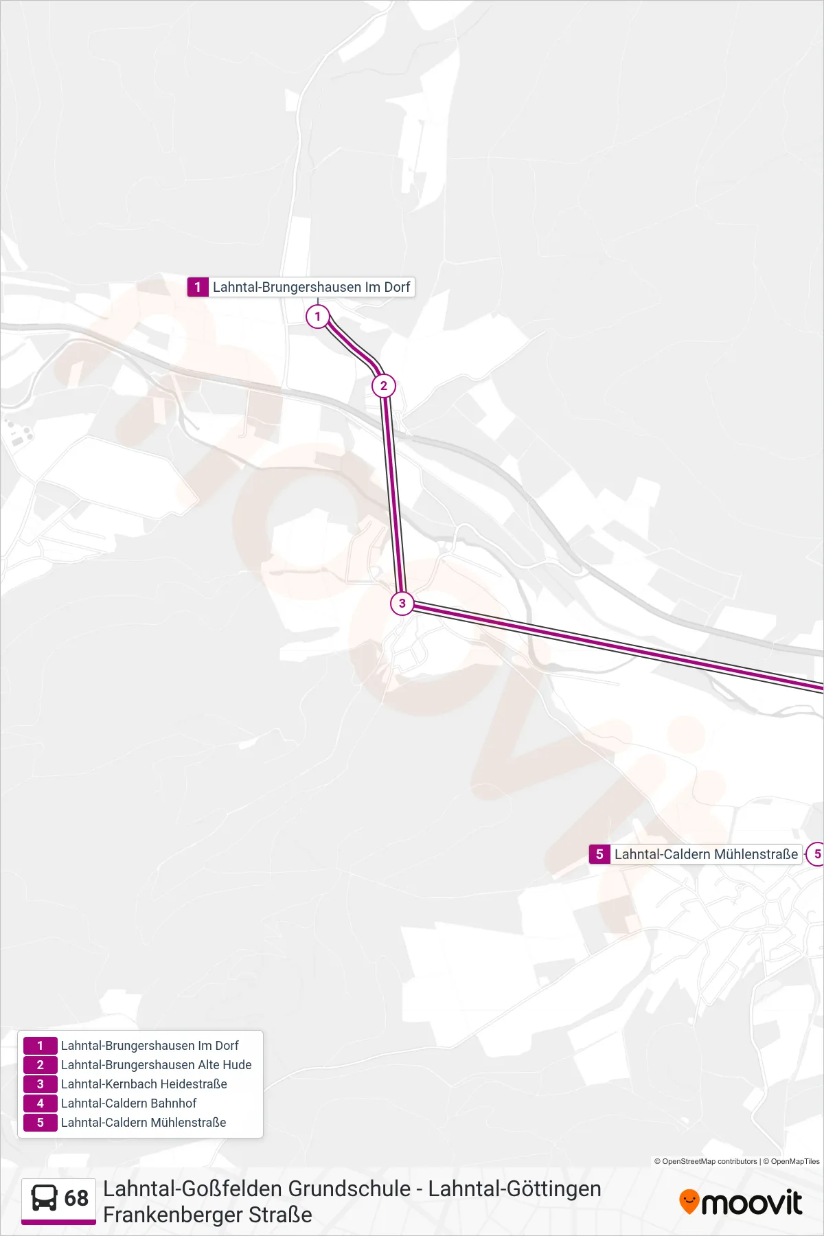 Linie 68 (Bus) Richtung Lahntal-Caldern Mühlenstraße: Route und Haltestellen auf der Karte