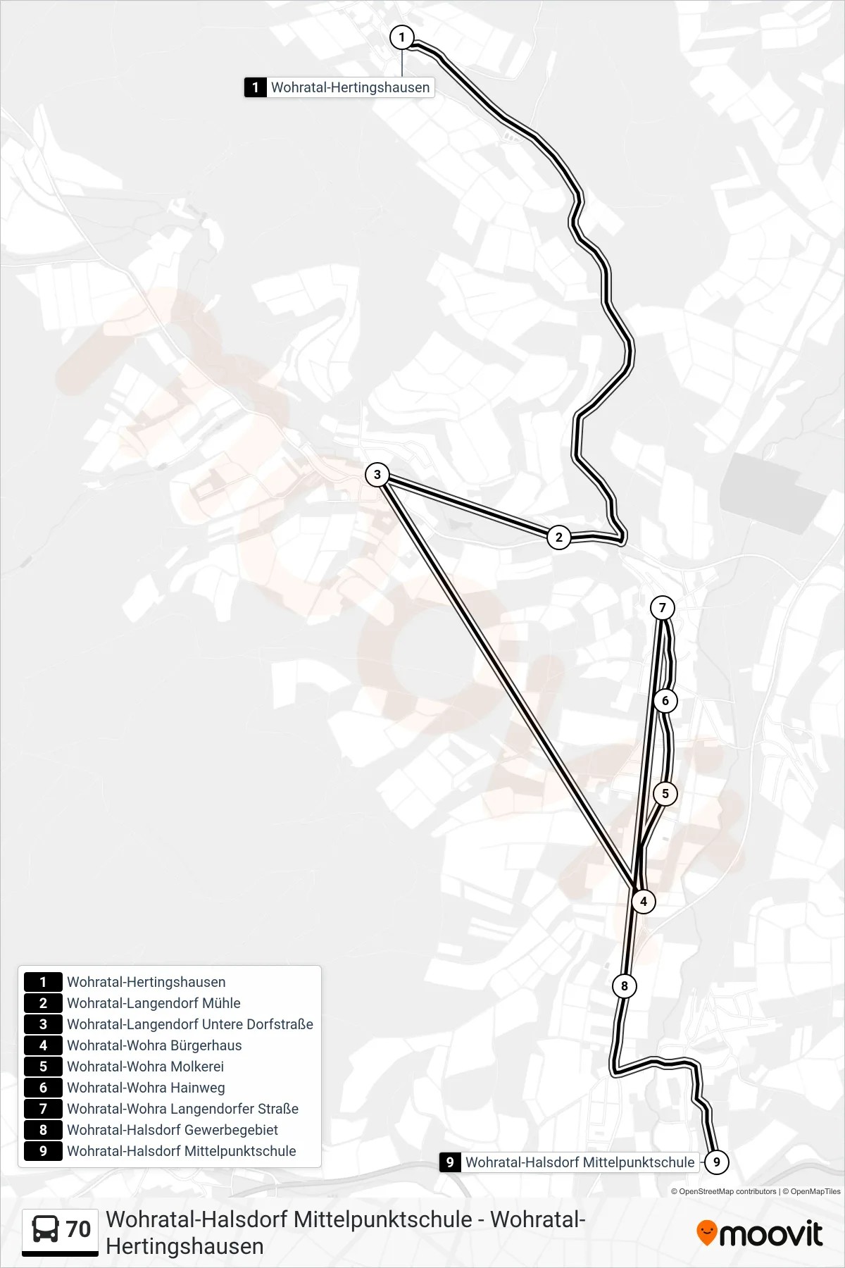 70 bus Line (Wohratal-Halsdorf Mittelpunktschule) route and stops on a map