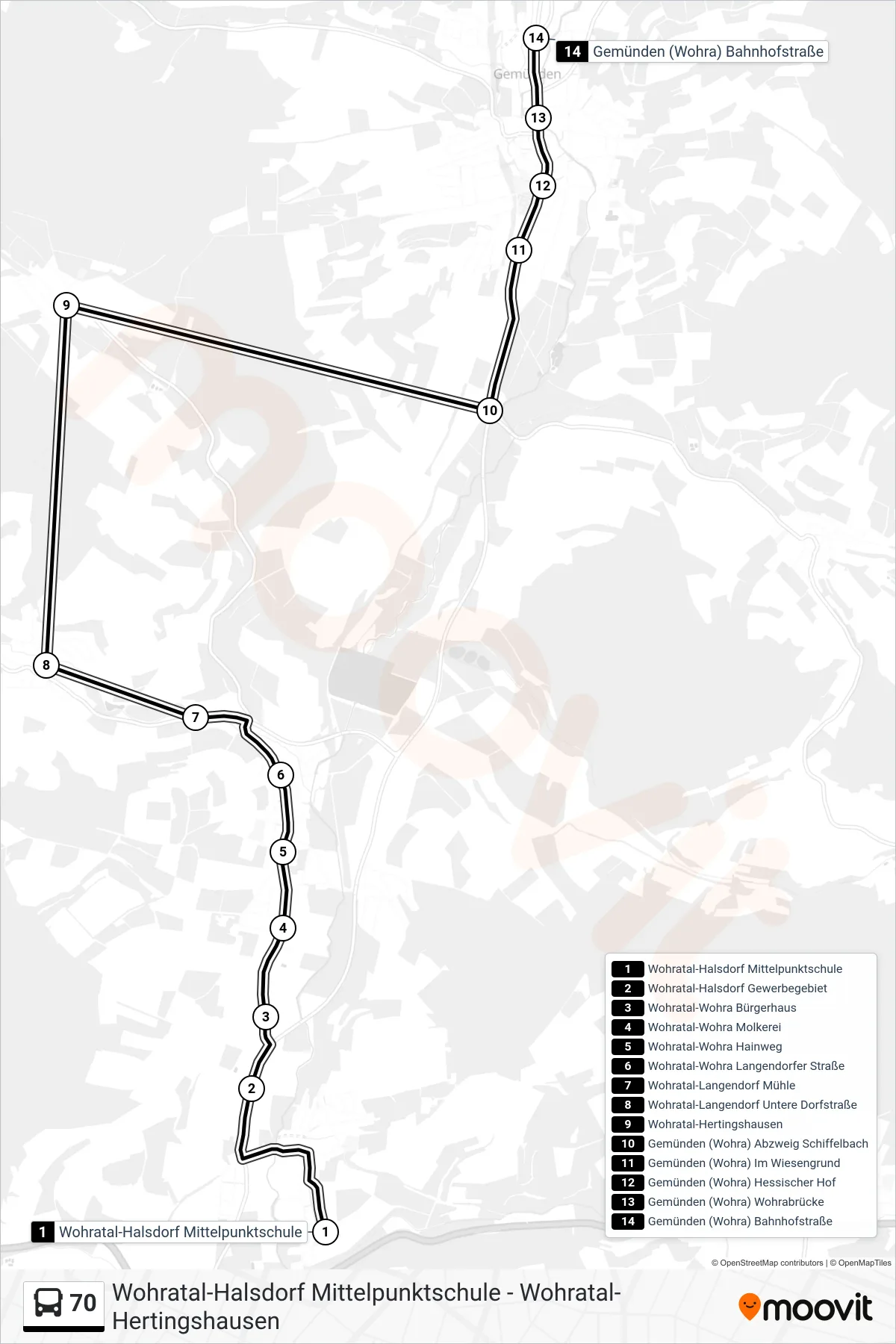 70 bus Line (Gemünden (Wohra) Bahnhofstraße) route and stops on a map