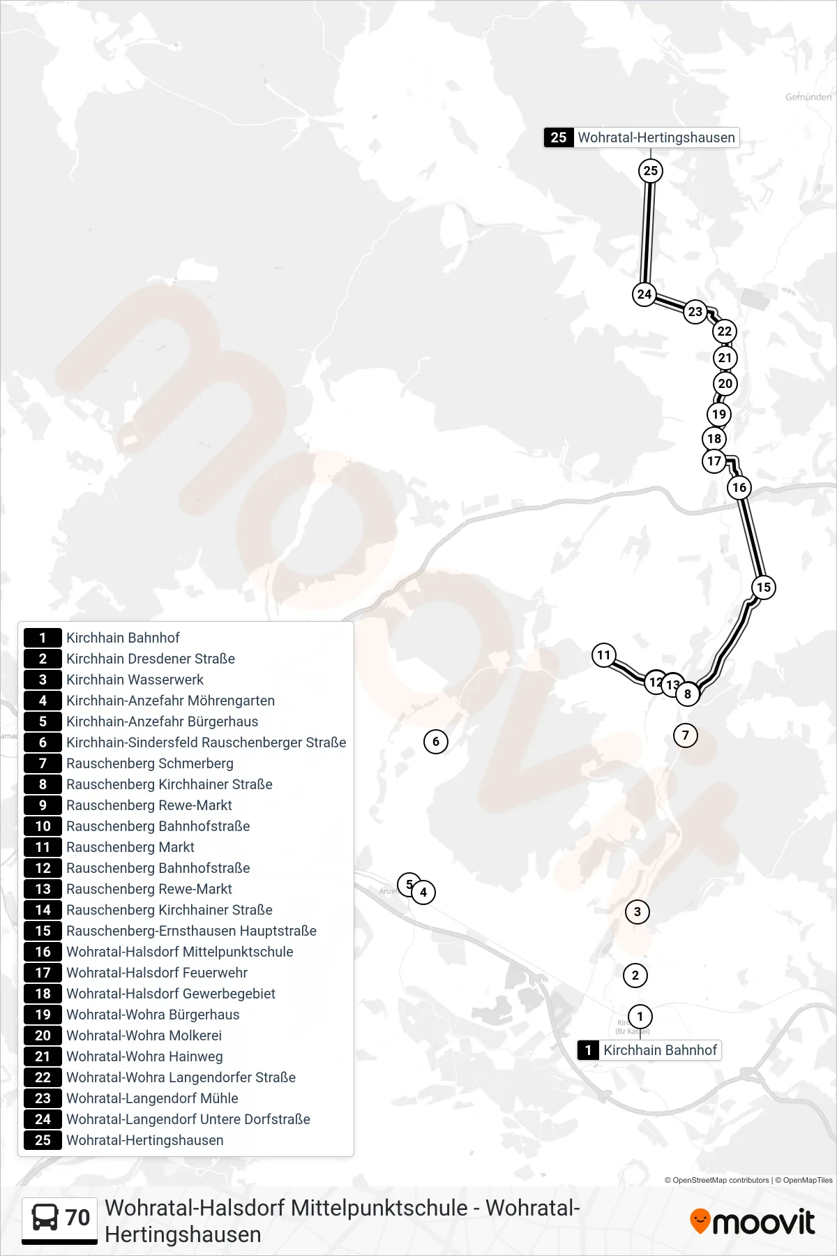 70 bus Line (Wohratal-Hertingshausen) route and stops on a map