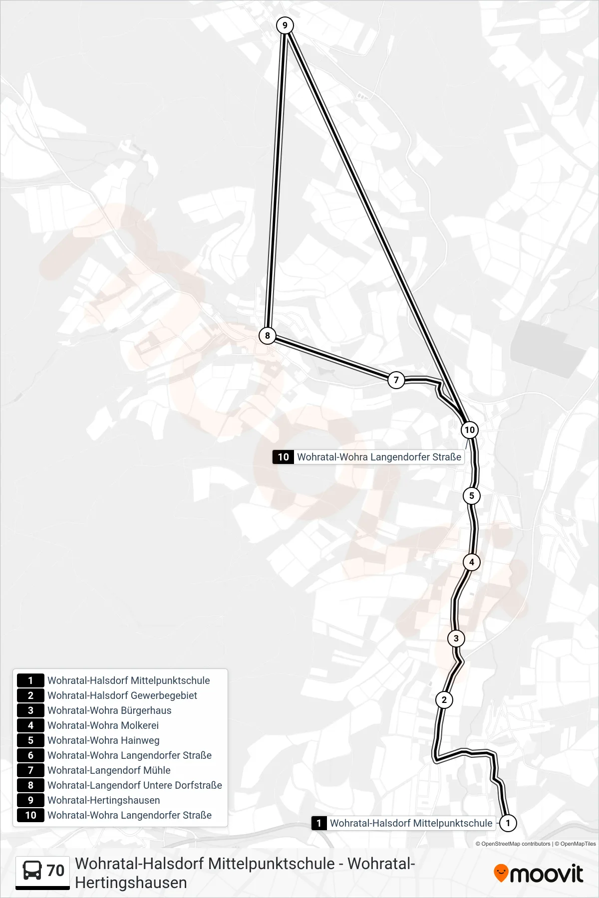 70 bus Line (Wohratal-Wohra Langendorfer Straße) route and stops on a map