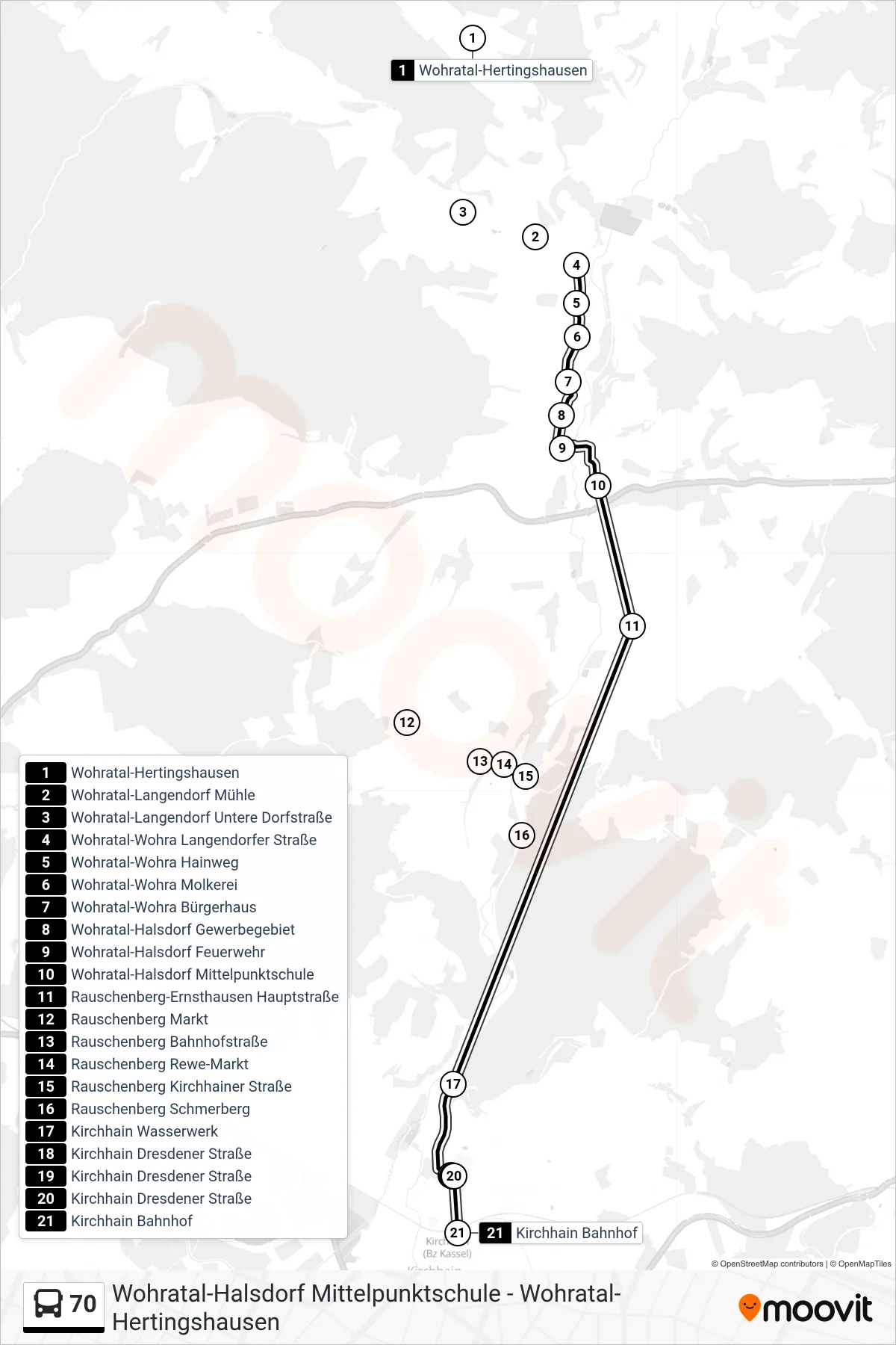 70 bus Line (Kirchhain Bahnhof) route and stops on a map
