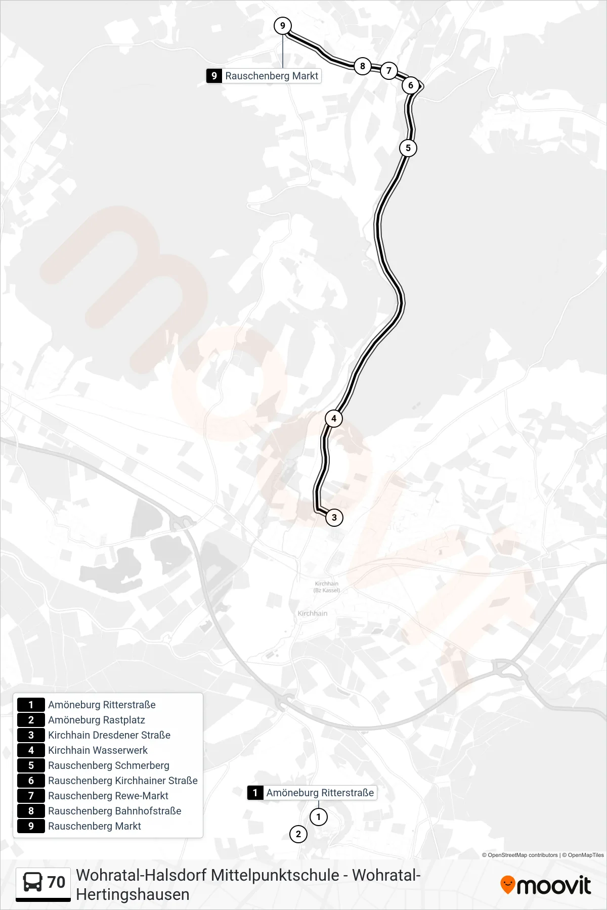 70 bus Line (Rauschenberg Markt) route and stops on a map