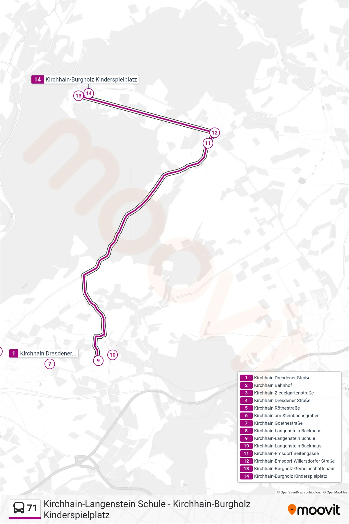 71 bus Line (Kirchhain-Burgholz Kinderspielplatz) route and stops on a map