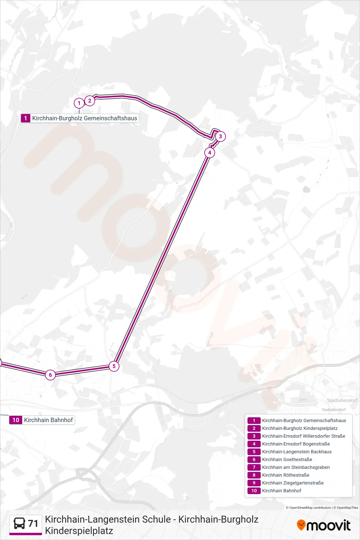 71 bus Line (Kirchhain Bahnhof) route and stops on a map