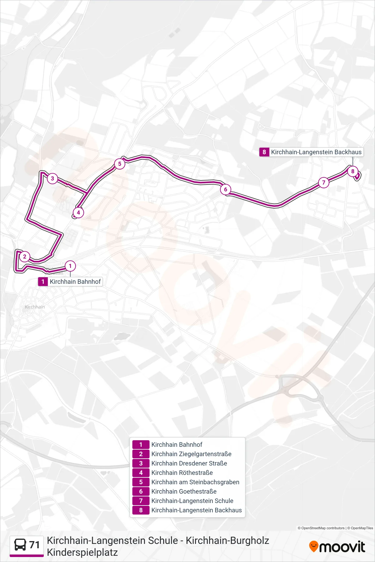 71 bus Line (Kirchhain-Langenstein Backhaus) route and stops on a map