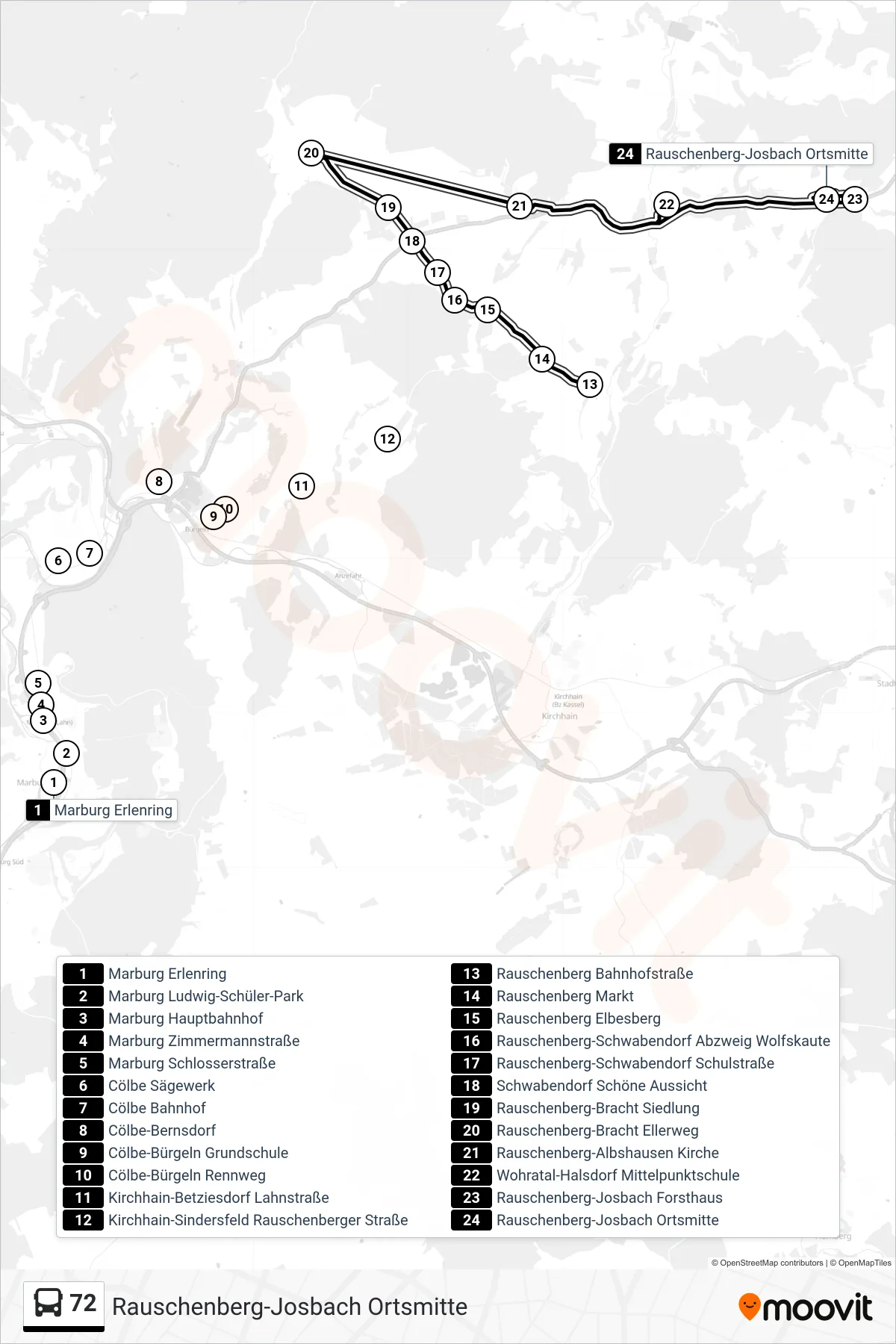 72 bus Line (Rauschenberg-Josbach Ortsmitte) route and stops on a map