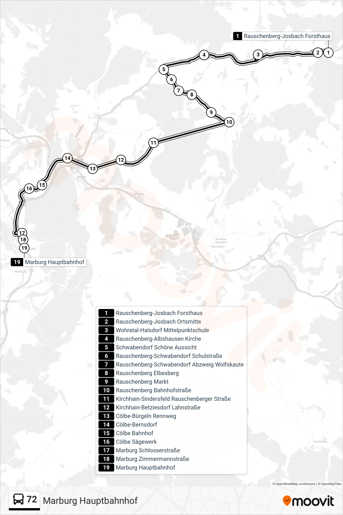72 bus Line (Marburg Hauptbahnhof) route and stops on a map