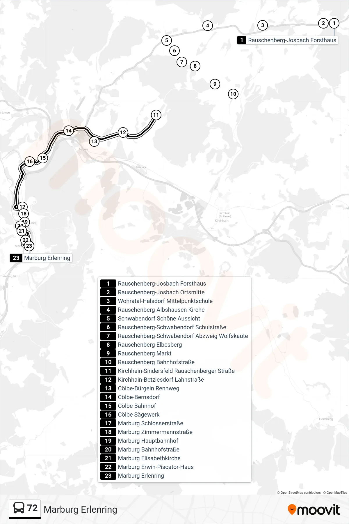 72 bus Line (Marburg Erlenring) route and stops on a map