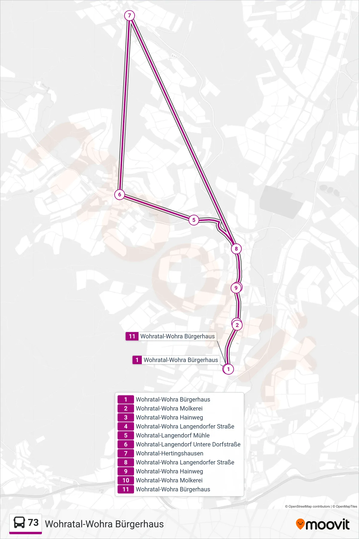73 bus Line (Wohratal-Wohra Bürgerhaus) route and stops on a map