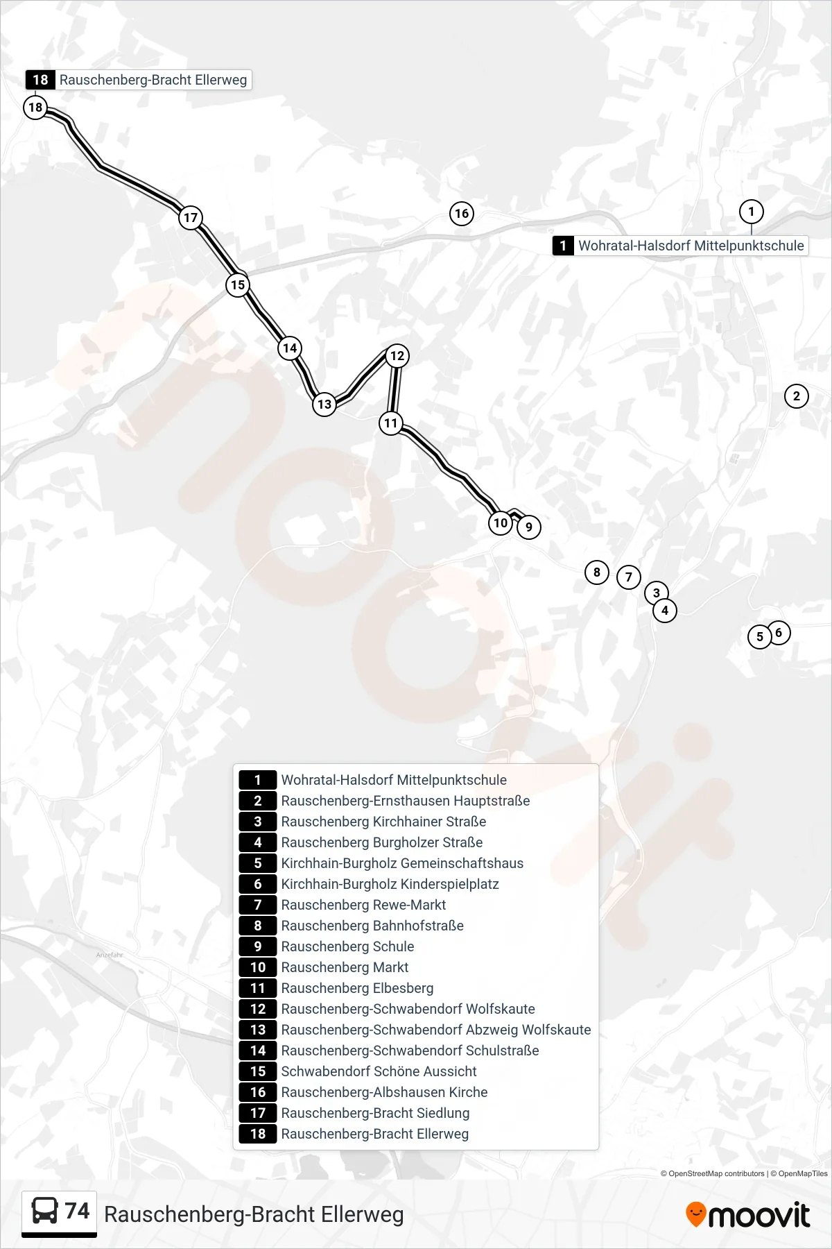 74 bus Line (Rauschenberg-Bracht Ellerweg) route and stops on a map