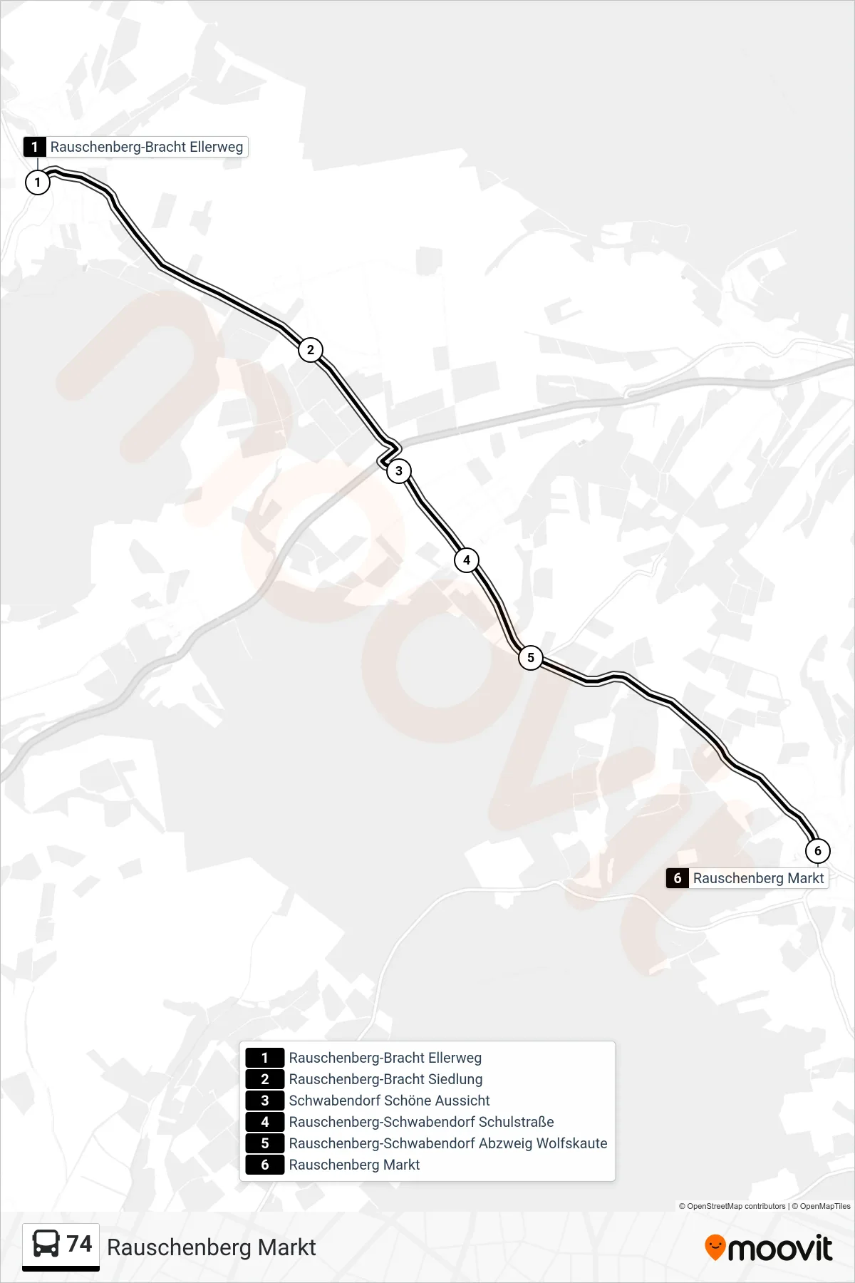 74 bus Line (Rauschenberg Markt) route and stops on a map