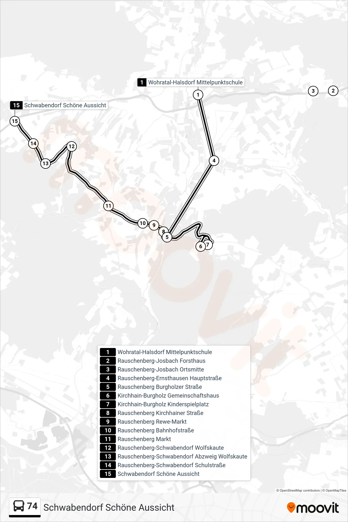 74 bus Line (Schwabendorf Schöne Aussicht) route and stops on a map