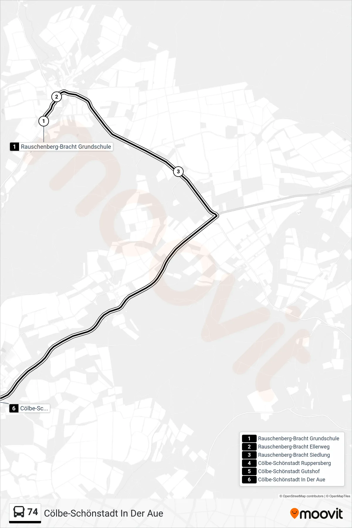 74 bus Line (Cölbe-Schönstadt In Der Aue) route and stops on a map
