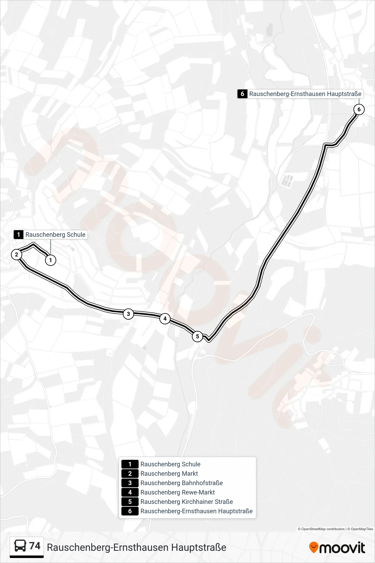 74 bus Line (Rauschenberg-Ernsthausen Hauptstraße) route and stops on a map