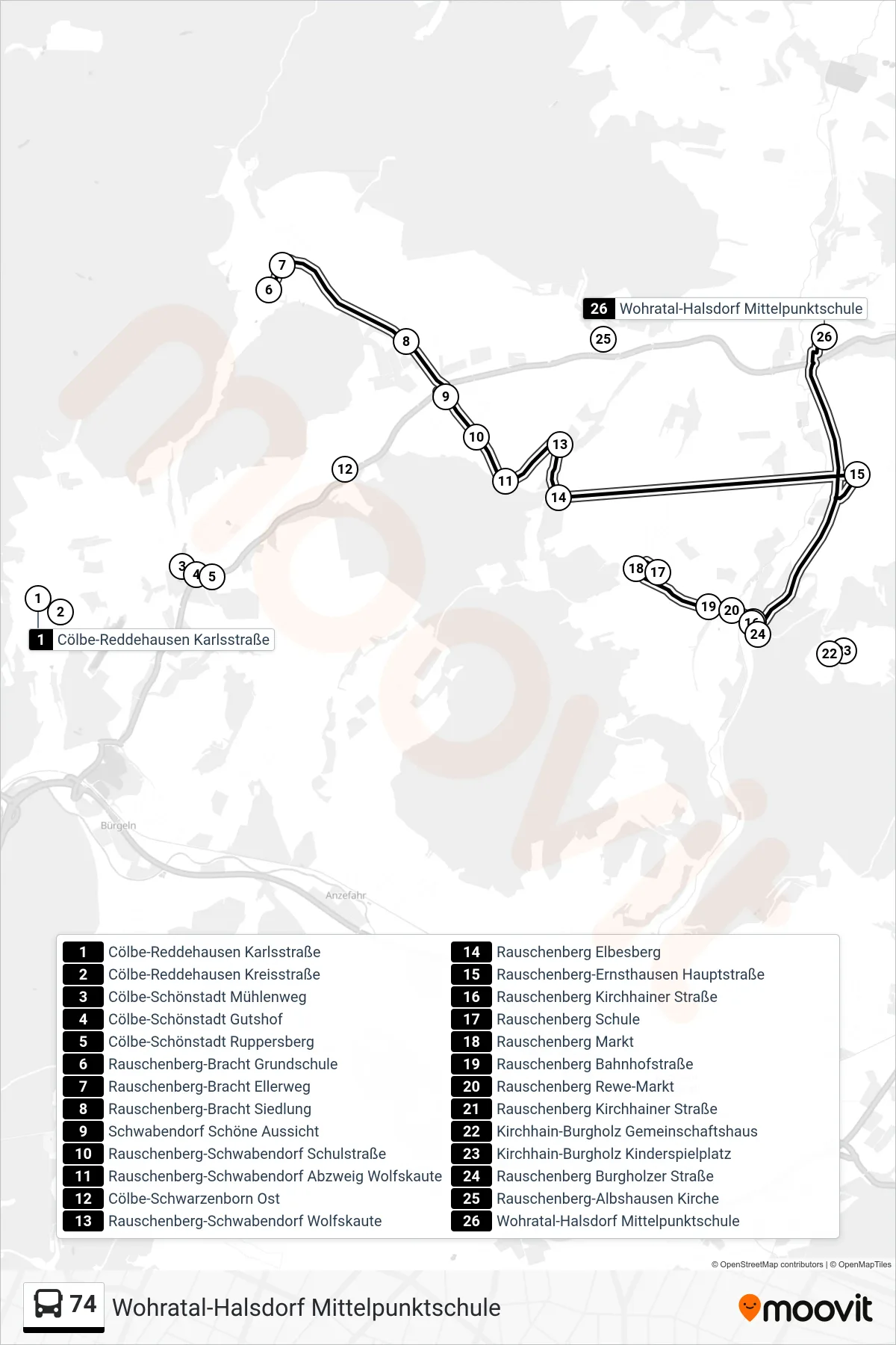 74 bus Line (Wohratal-Halsdorf Mittelpunktschule) route and stops on a map