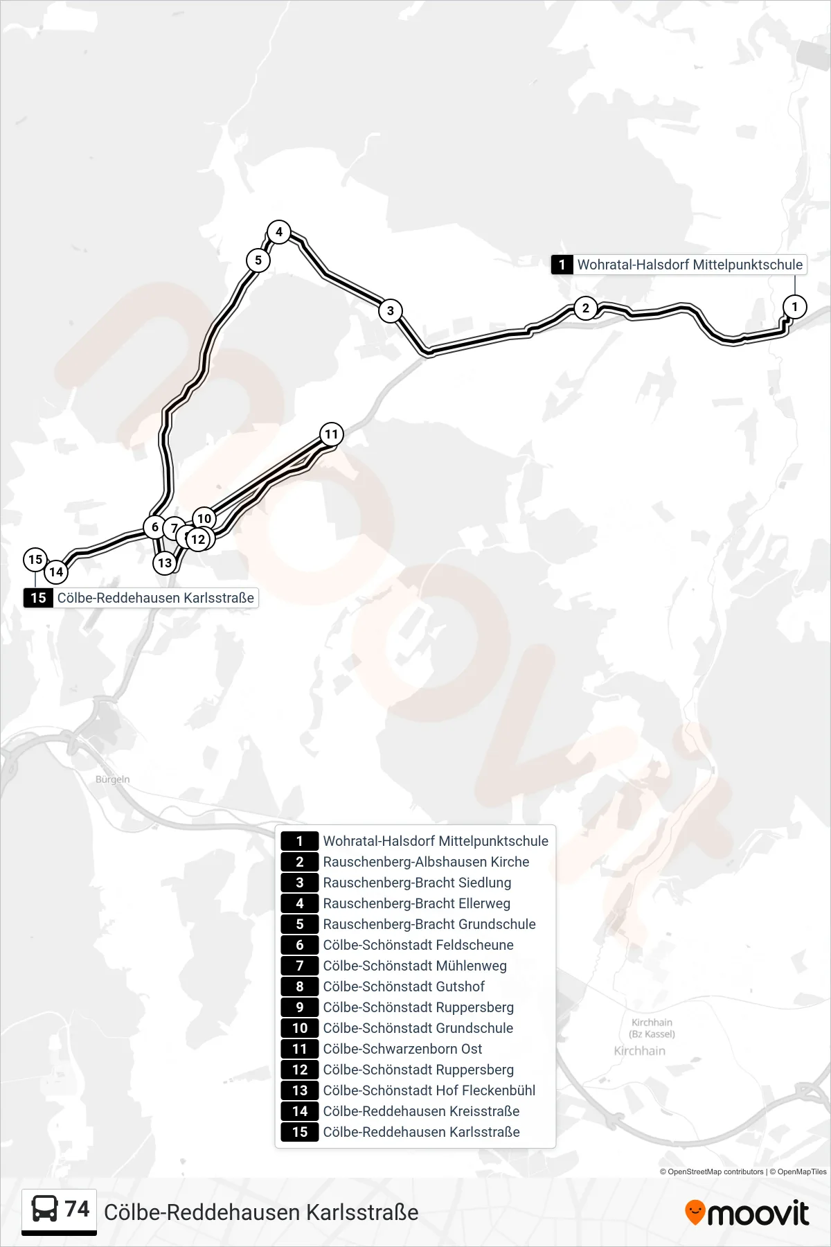74 bus Line (Cölbe-Reddehausen Karlsstraße) route and stops on a map