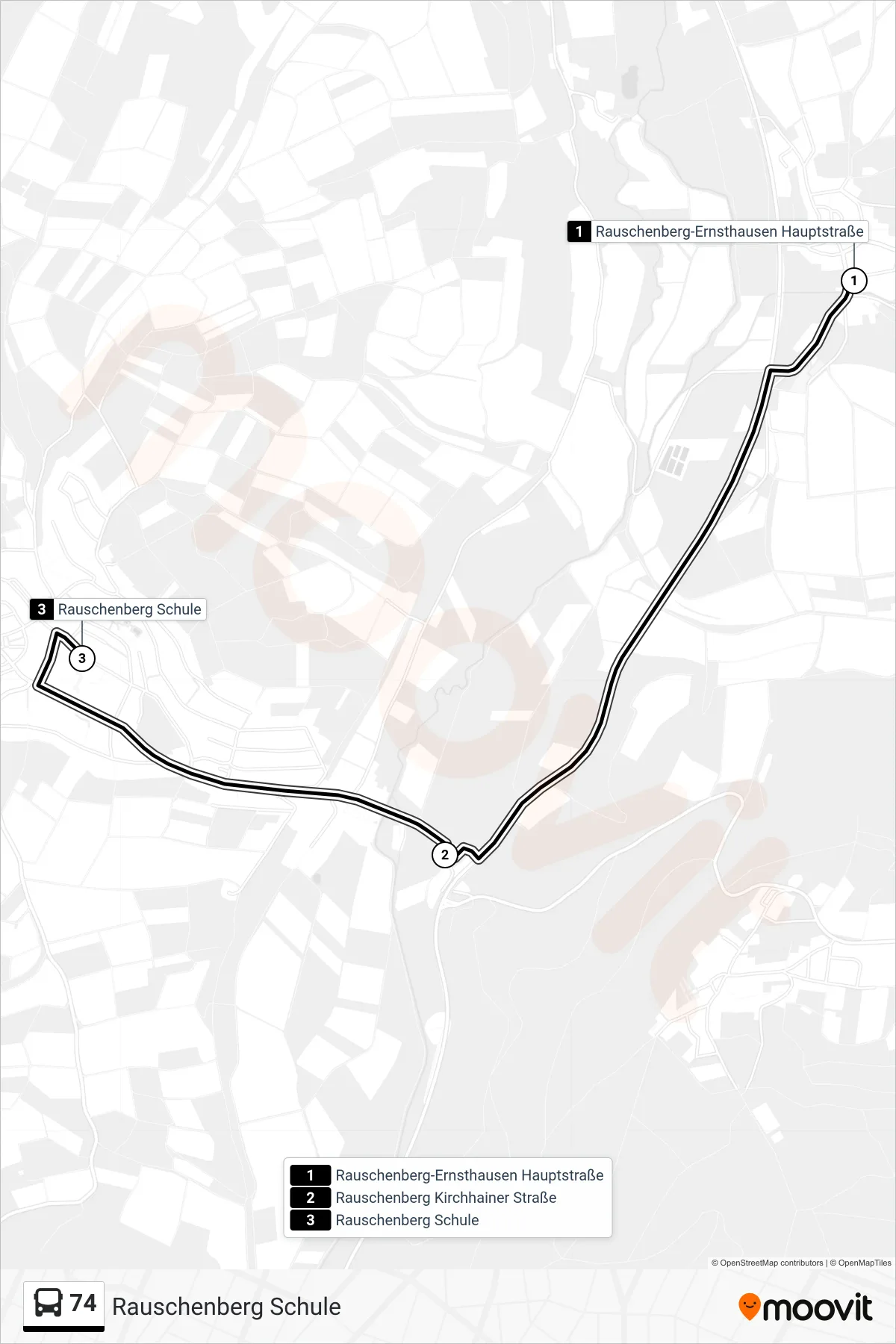 74 bus Line (Rauschenberg Schule) route and stops on a map